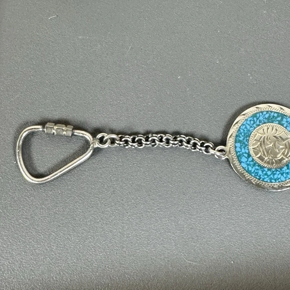 Vintage Alpaca Mexico Turquoise Inlay Sun Face Keychain Southwest Silver Tone